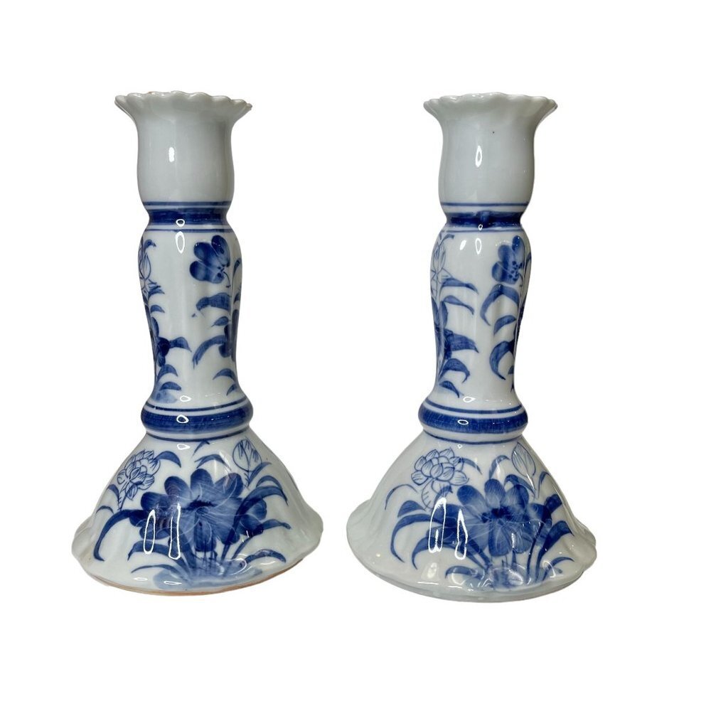 Two Thai Blue and White Floral Hand Painted Stoneware Candle Stick Holders Vtg